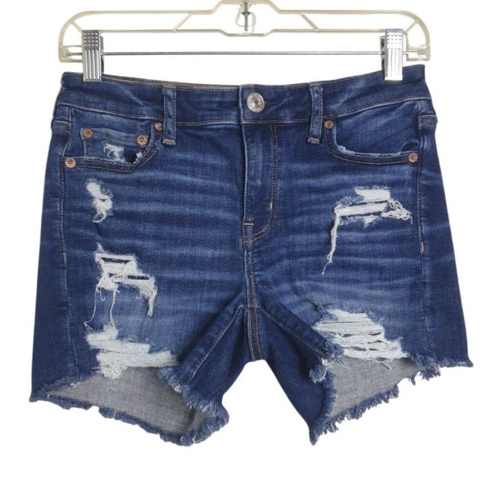 American Eagle Women’s Denim Shorts 4 Ripped Next Level Stretch Blue Frayed Hem